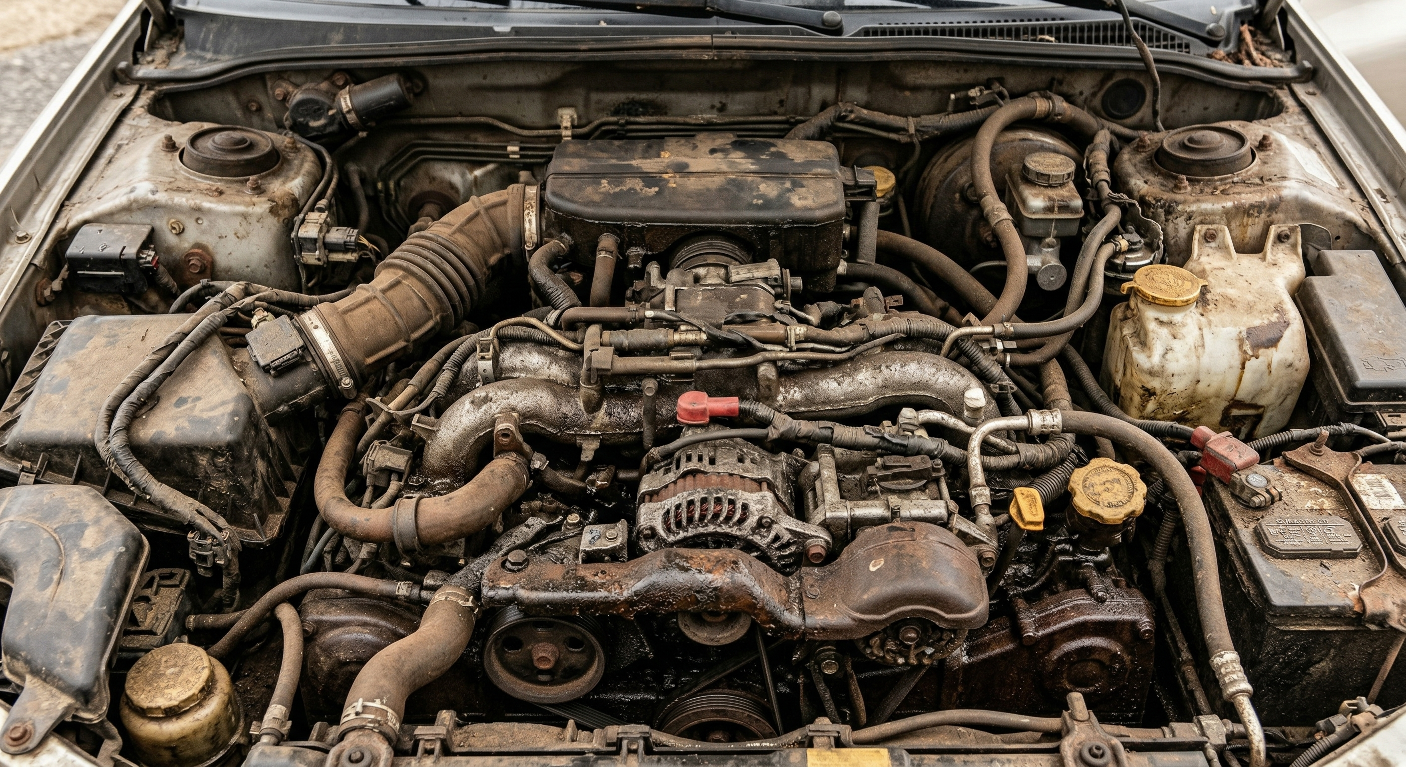 Before: heavily greased and grime-caked engine bay