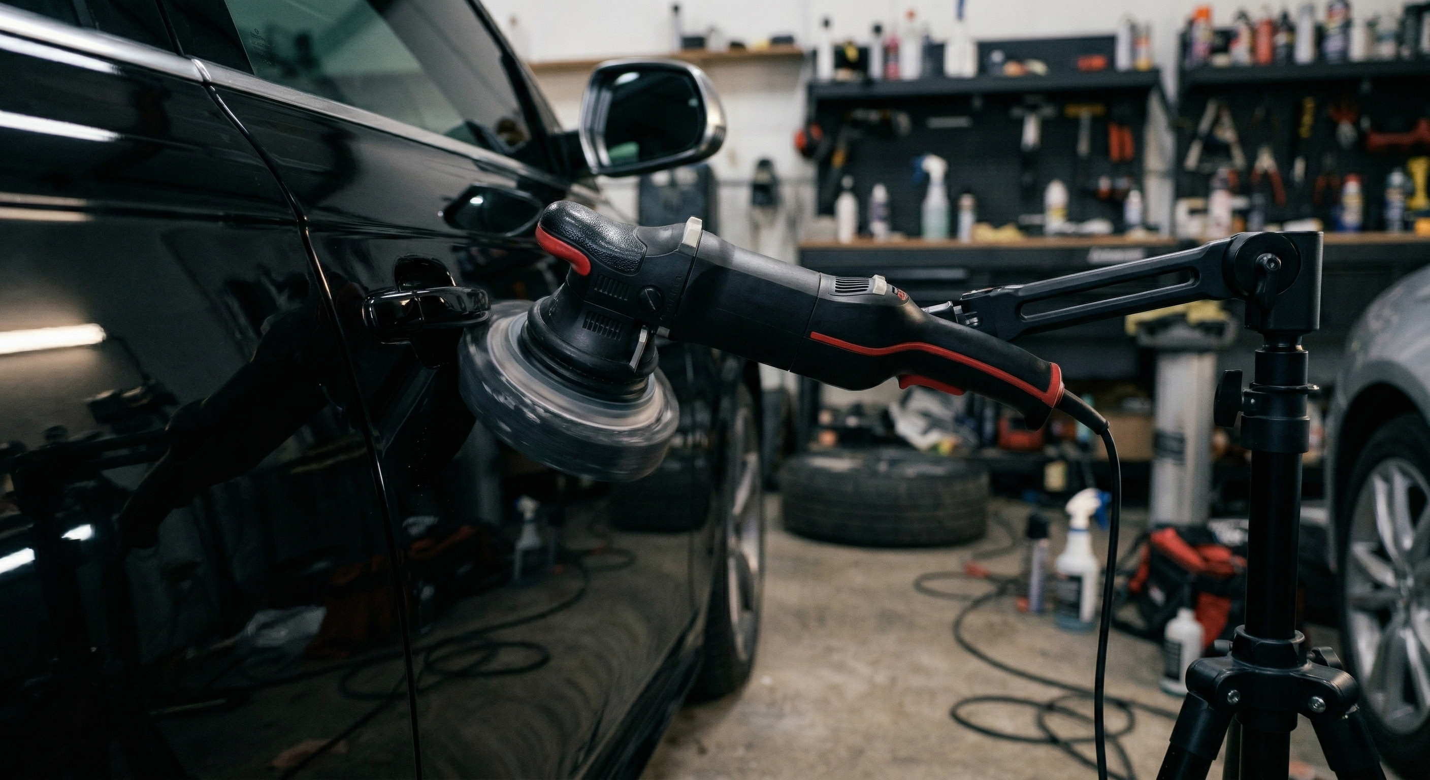 Professional dual-action polisher on black luxury paintwork
