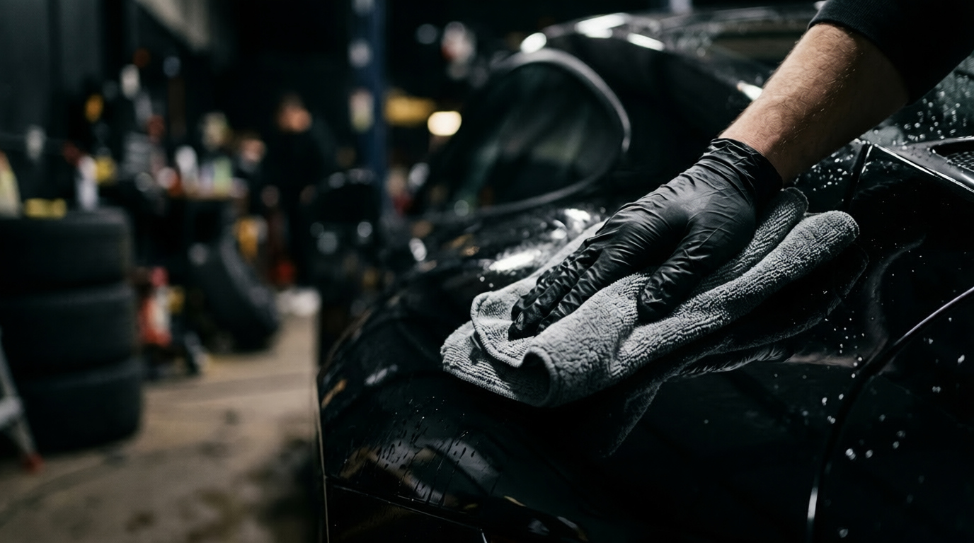 Black nitrile gloved hand pressing microfibre cloth to dark paint